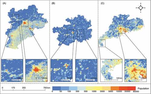 Figure 8. Final output: The most accurate fusion result is spliced with WorldPop in the sparsely populated area (A: BTHR, B: Guizhou Province, C: Guangdong Province).