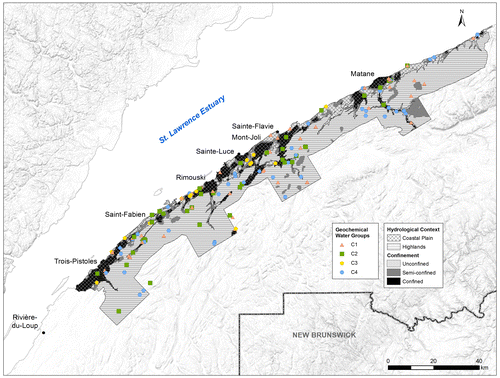 Figure 3. Locations of the four geochemical water groups based on 11 parameters as revealed by a hierarchical cluster analysis (HCA). The two main hydrological contexts (the coastal plain and the highlands) and the degree of confinement of Bas-Saint-Laurent (BSL) aquifers are also reported.