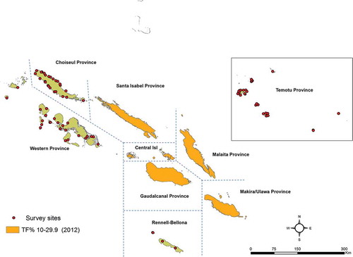 Figure 1. Coordinates of villages sampled in the three evaluation units surveyed, Global Trachoma Mapping Project, Solomon Islands, September–November 2013, and trachomatous inflammation – follicular (TF) prevalence estimates in five other provinces.Citation10 Shapefile source: Global administrative areas (gadm.org).