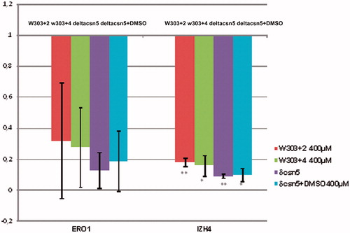 Figure 3. Real-time RT-PCR analysis of ERO1 and IZH4 mRNA levels after 2 h of treatment with 400 μM inhibitors 2 or 4. The mRNA levels were normalized to those observed in the WT strain grown in presence of DMSO. The mRNA level in the Δcsn5 strain is shown for comparison. The values represent the average of two independent experiments, standard deviation is indicated. Asterisks indicate that in the case of IZH4 the changes are statistically significant according to Student’s t-test results (*p < 0.05; **p < 0.01). In the case of ERO1, although the same tendency is evident, data show a higher variability.