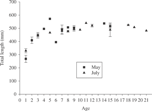 Figure 5. Length‐at‐age as determined by otolith age analysis for lake whitefish in Banks Lake, Washington in 2002.