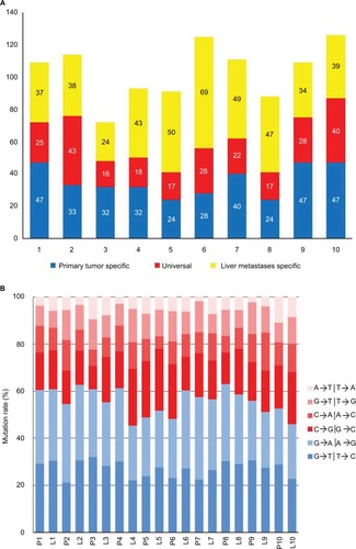 Figure 1 Summary of driver mutations identified by whole-exome sequencing.Notes: (A) Distribution of driver mutations in primary tumor and liver metastases. (B) Distribution of transitions and transversions.Abbreviations: L, liver metastases; P, primary tumor.