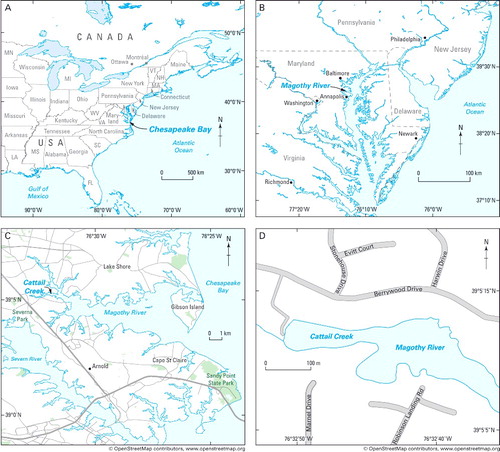 Figure 1. Four maps at various scales of the eastern United States to illustrate key localities pertaining to Bill Evitt's early life (section 2). A, eastern North America; B, the central-eastern United States centred around Washington, DC, and Chesapeake Bay, Maryland; C, the mouth of the Magothy River in northern Chespeake Bay; D, Cattail Creek close to the mouth of the Magothy River immediately south of the Old Stone House, which now is on Evitt Court.