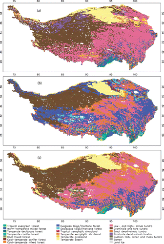 FIGURE 1 Biomes on the Tibetan Plateau (a) derived from the Vegetation Atlas of China, (b) simulated by the original BIOME4 model without redefined parameters, and (c) simulated by the improved BIOME4 model where parameters have been redefined.