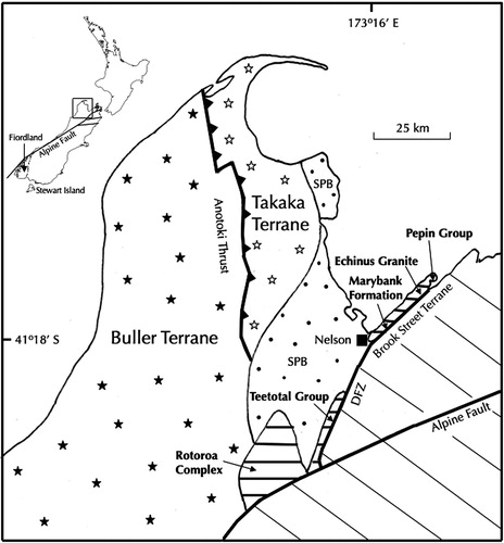 Figure 1. Locality map showing the basement terranes of Nelson referred to in the text. Western Province = stars; Buller Terrane = closed stars, Takaka Terrane = open stars. Eastern Province = diagonal hatching. Drumduan Terrane (s. l.) = horizontal hatching and names in bold. DFZ = Delaware Fault Zone, SPB = Separation Point Batholith.