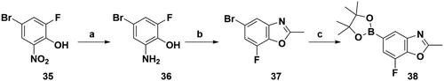 Scheme 7. Synthesis of the intermediate 38. Reagents and conditions: (a) Fe, NH4Cl aq., 80 °C, 2 h; (b) TMOA, 150 °C, 6 h; and (c) Bis(pinacolato)diboron, Pd(dppf)Cl2, KOAc, 1,4-dioxane, 100 °C, 10 h.