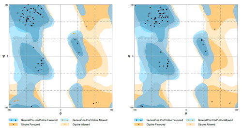 Figure 4. Ramachandran plots before and after refinement. Ramachandran plots of the vaccine candidate structure predicted by homology modeling method (a) and after refinement by GalaxyRefine refinement (b).