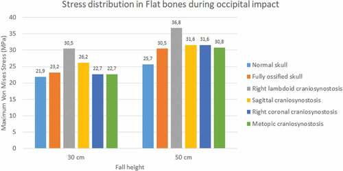 Figure 9. Maximum Von Mises stress in flat bones during occipital impact from 30 and 50 cm falls with different degrees of ossification in the sutures