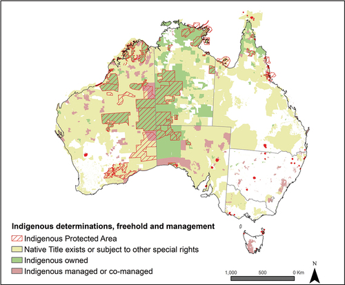 Figure 1. Map of lands across Australia where First Peoples' land management is recognised through formal processes including Native title determinations, Indigenous protected areas (IPA) and various types of management and co-management arrangements. Spatial data on Native title determinations from the National Native Title Tribunal (Citation2023); on Indigenous freehold, other special rights and Indigenous management from Australian Bureau of Agricultural and Resource Economics and Sciences (Citation2020); and for the overlay of Indigenous protected areas from Commonwealth of Australia (Citation2023).