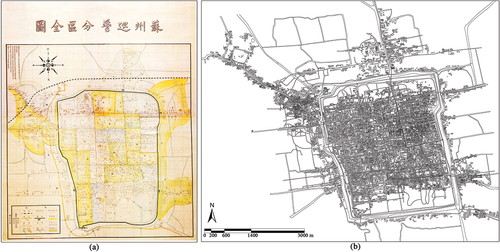 Figure 3. (a) Complete map of Suzhou Police Districts created in 1908; (b) two-dimensional reconstruction map of Suzhou in 1908.
