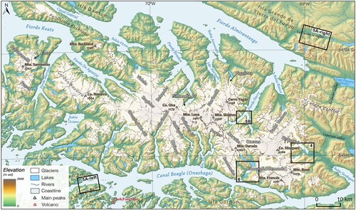 Figure 2. Location map of the study area in the Cordillera Darwin, including the main geographical features and the main outlet glaciers of the Cordillera Darwin Icefield (CDI) and surrounding areas. The boxes indicate the location and identification of additional figures presented in the following sections. Contemporary glacier outlines are taken from the ‘Chilean Public Inventory of Glaciers’ (CitationDGA, 2022).