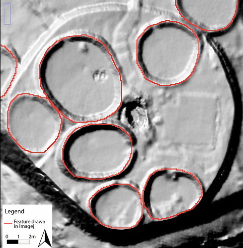 Figure 4. Features created based on structures visible in lidar ground model of Kuelap, traced using Imagej.
