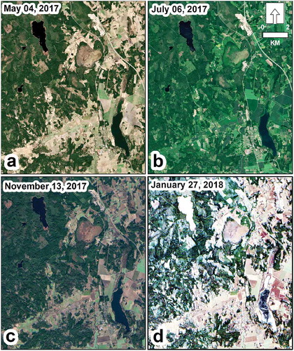Figure 2. Natural color composites of the multi-temporal imagery used in this study. a) 4 May 2017 (Sentinel-2A); b) 6 July 2017 (Sentinel-2A); c) 13 November 2017 (Sentinel-2A); d) 27 January 2018 (Sentinel-2B).