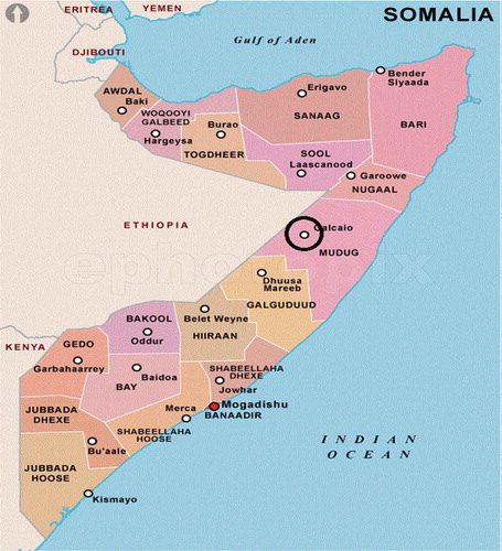 Figure 1. Regions of Somalia, and their capitals before the establishment of the federal government system in 2012.