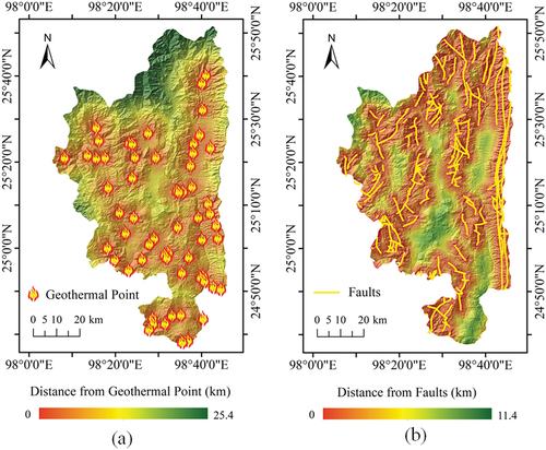 Figure 2. Raster files showing (a) distance from known geothermal resource points (DFGP) and (b) distance from faults (DFF).