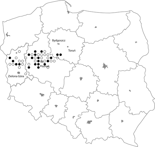 Fig. 1. Study area with the distribution of Cylindrospermopsis raciborskii (black circles indicate lakes with C. raciborskii present).
