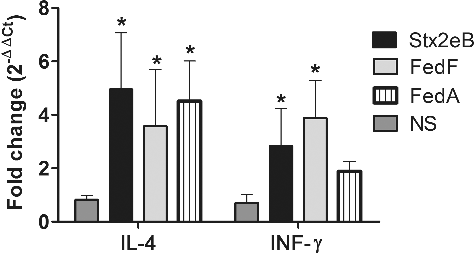 Figure 5. Cytokine assay in splenocytes. The mRNA transcript levels of IL-4 and IFN-γ were evaluated in the primed splenocytes pulsed in vitro with each antigen by performing RT-PCR. The values of the relative fold change of each group of BALB/c mice (n = 6) were expressed as the mean ± s.d.