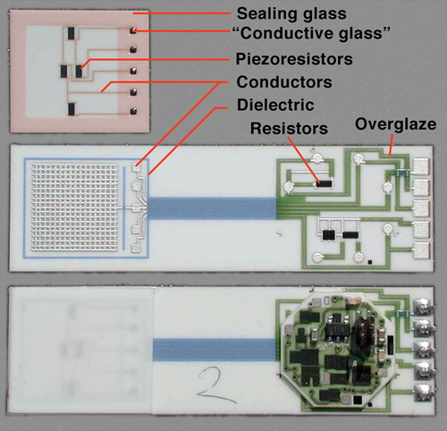Figure 1. Example TF circuit, piezoresistive pressure sensorCitation27, showing typical involved materials: reddish tint added to sealing glass to enhance visibility; ‘conductive glass’ seal = low firing TFR composition