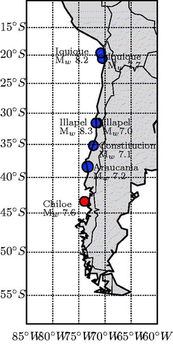Figure 1. The red circle indicates the epicenter of the Chiloé earthquake. The blue circles show the epicenters of Mw ≥ 7 earthquakes that struck the coast of Chile in the recent years (Table 1).