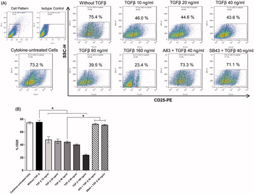 Figure 5. TGFβ effects on in vitro TH17 cell differentiation/activation of T-cells. (A) Dot-plots show expression of CD25 by differentiated T-cells. (B) Column bars are means ± SEM of five independent experiments (i.e. PBMC from five different donors) (*p < 0.05).