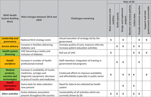 Figure 2. Summary of health system support or strengthening activities and role SD played in this.