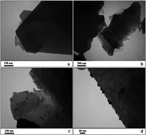 Figure 1. TEM images of (a) kaolin and (b–d) Au NPs-kaolin nanocomposite.