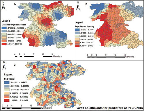 Figure 7. Spatial distribution of local regression coefficients (A) distance, (B) population density, (C) standard residuals for each enumeration area, based on the computation of Geographically Weighted Regression model. The dependent variable was PTB CNRs in Dale district and Yirga Alem town, Sidama, 2003–2012.