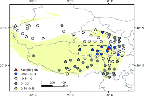 Fig. 9. Spatial correlations between tree ring δ18O and May–July precipitation from meteorological stations on the Tibetan Plateau from 1960 to 2014.