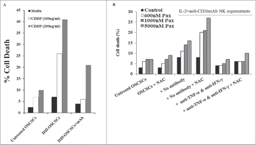 Figure 6. CDDP or Paclitaxel with and without NAC induce significant cell death in OSCSCs differentiated with NK-supernatants and not in poorly-differentiated tumors. Highly purified NK cells were treated with the combination of IL-2 (1000 U/ml) and anti-CD16mAb (3μg/ml) for 18 hours, after which the NK supernatants were added to OSCSCs in the presence of anti-TNF-α (1:100) and anti-IFN-γ (1:100) for a period of 5 days. Thereafter, OSCSCs were detached and treated with/without Cisplatin for 18–24 hours. The viability of OSCSCs was then determined using PI staining and flow cytometric analysis. One of 3 representative experiments is shown in this figure (A). OSCSCs were treated with the supernatants from NK cells as described in Fig. 6A. Afterwards, tumors were detached and treated with/without NAC (20 nM) for 24 hours, followed by treatment with Paclitaxel for 18–24 hours. OSCSCs viability was determined by PI staining and flow cytometric analysis. One of 3 representative experiments is shown in this figure (B).