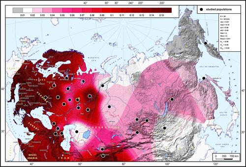 Figure 3 Variation of rs11385942_GA frequencies across Russia and its neighbor states. The frequency spectrum here is more detailed than the one shown on the world map (Figure 2). The black points represent the populations analyzed. Abbreviations in the statistical legend indicate the following.