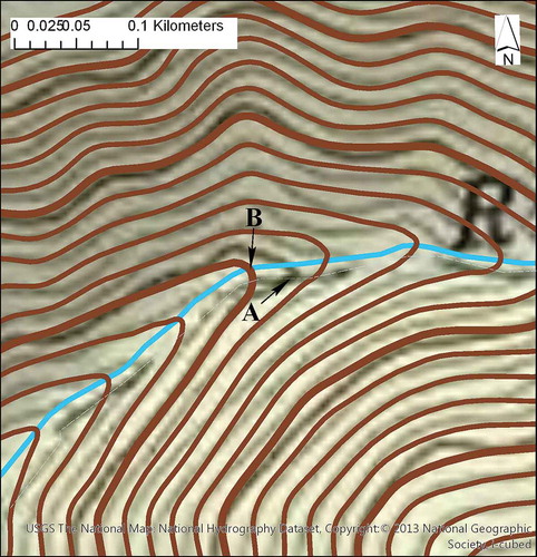 Figure 19. Realignment of US Topo contours along updated NHD flowlines (streams) in the Cow Knob quadrangle of the Appalachian highlands. Note the difference in location between the legacy stream and contour at (A), as compared to the realigned stream (turquoise line) and US Topo contour at (B).