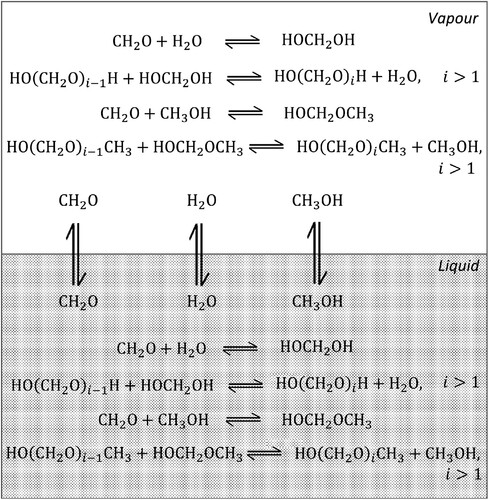 Figure 1. Schematic representation of the vapour–liquid equilibria in a ternary mixture of formaldehyde + water + methanol. The liquid and vapour phases consist of methanol (CH3OH), water (H2O) and monomeric formaldehyde (CH2O). The reactions of formaldehyde with these solvents (Reactions (Equation1(1) CH2O+H2O⇌HOCH2OH,(1) )–(Equation4(4) HO(CH2O)i−1CH3+HOCH2OCH3⇌HO(CH2O)iCH3+CH3OH,i>1.(4) )) are considered in the two phases, forming: hemiformal (HMF1), poly(oxymethylene) hemiformals (HMFi), methylene glycol (MG1), and poly(oxymethylene) glycols (MGi).