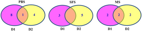 Figure 2. Venn diagram for QTL related to PH detected under two densities at three developmental stages.PBS: Pod bearing stage; SFS: Seeds filling stage; MS: Maturity stageD1: Planting density of 2.2 × 105 plants/hm2 in Harbin OR 2.6 × 105 plants/hm2 in Keshan; KD2 means planting density of 3.1 × 105 plants/hm2 in Harbin OR 3.5 × 105 plants/hm2 in Keshan