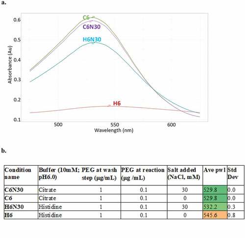 Figure 1. Stabilization of immunogold conjugates by incorporation of PEG2000 and low level of salt (30 mM NaCl). This can be seen in the absorbance spectra profile overlay (a) and table (b): Histidine buffer condition requires both PEG2000 and low level of salt to regain normal peak profile, while citrate-based buffer condition is indifferent to salt, only requires PEG2000 stabilization. H6: 10 mM histidine buffer, pH 6.0; H6N30: 10 mM histidine buffer, pH 6.0, 30 mM NaCl; C6: 10 mM citrate buffer, pH 6.0; C6N30: 10 mM citrate buffer, pH 6.0, 30 mM NaCl.(a) A graph showing four peaks from four different buffers, X-axis is wavelength, Y-axis is absorbance. H6 peak, in red, is broad and low intensity whereas C6, C6N30 and H6N30 peaks are higher intensity and less broad. Each buffer condition resulted in one single peak. (b) A table showing four buffer conditions (C6N30, C6, H6N30 and H6) in column 1, the unabreviated names of the buffers (citrate, citrate, histidine, histidine) in column 2, amount of PEG at wash step in column 3, amount of PEG at reaction in column 4, amount of salt (NaCl) in column 5, ave pwl in column 6 and std dev in column 7. Ave pwl in column 6 are color coded so that the top three rows are green and the bottom row (H6) is a dark orange with an ave pwl of 545.6.