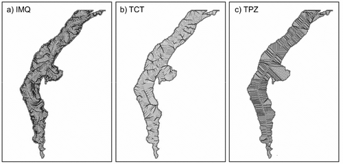 Figure 5 Contours of hydrological distance derived from a) the IMQ method, b) the TCT method an c) the TPZ method.