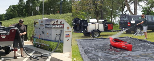 Figure 1. (A) A boater uses the vacuum tool of a waterless cleaning system (Credit: CD3 Systems). (B) A student uses the Michigan State University Mobile Boat Wash cleaning system, a high-pressure, hot water system. (Credit: J. Latimore).