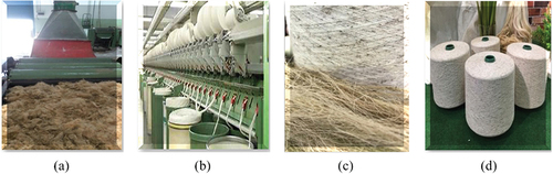Figure 2. Water hyacinth yarn spinning (a) fiber arrangement; (b) fiber spinning machine; (c) water hyacinth yarns and fibers; and (d) water hyacinth yarn.