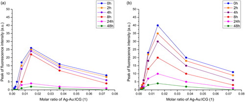 Figure 5. Peak fluorescence intensity of (a) free ICG and (b) Ag-Au-ICG in 1% Intralipid under different molar ratio of Ag-Au:ICG(1) for a reaction time period of 0–48 h.