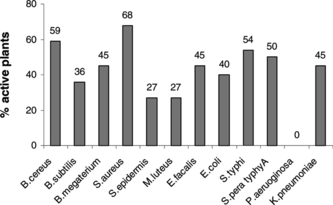 Figure 1 Number of plant extracts that showed antibacterial activity against each individual organism.