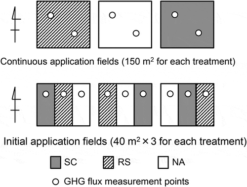 Figure 1. Layout of the study fields. NA, no application; RS, rice straw, and SC, rice straw compost.