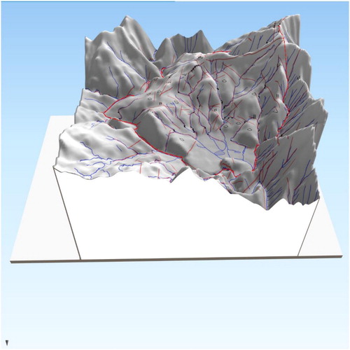 Figure 6. 3D-block diagram of the study area based on the morpho-tectonic map (perspective view is to the south). The 3D model has been obtained draping the morpho-tectonic map of this study over the Digital Elevation Model (Geoportale Regione Liguria – https://geoportal.regione.liguria.it).