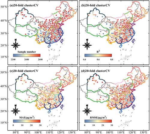 Figure 7. Spatial distribution of estimated performance from conducted model versus corresponding cluster-based observations for sample number (a), R2 (b), MAE (c), RMSE (d).