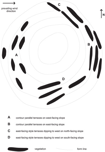 FIGURE 4. (b) Idealized hill showing terrace morphology relative to aspect and wind direction.