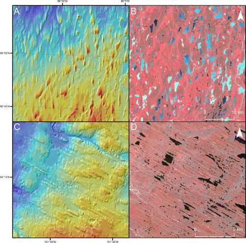 Figure 3. Glacial lineations: drumlins shown in (A) CDED and (B) 4,3,2 R,G,B Landsat ETM+ image; and mega-scale glacial lineations shown in (C) CDED and (D) pan-sharpened 4,3,2 R,G,B Landsat ETM+ image. Locations are given in Figure 1.