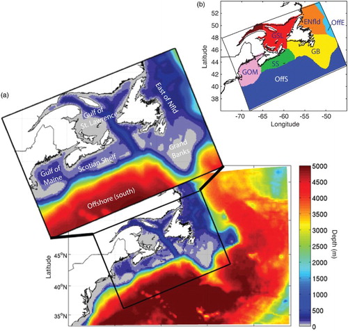 Fig. 1 (a) Northwest North Atlantic bathymetry (m) and Atlantic Canada Model (ACM) domain (outlined and in inset). (b) The model domain is divided into sub-areas for analysis: East of Newfoundland (ENfld), Grand Banks (GB), Gulf of St. Lawrence (GSL), Scotian Shelf (SS), Gulf of Maine (GOM), Offshore-south (OffS) and Offshore-east (OffE).