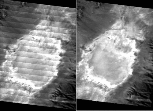Figure 10. ‘20181107.02_Railroad_Valley’ image, corrected with results of left: band-based calibration, right: line based calibration.