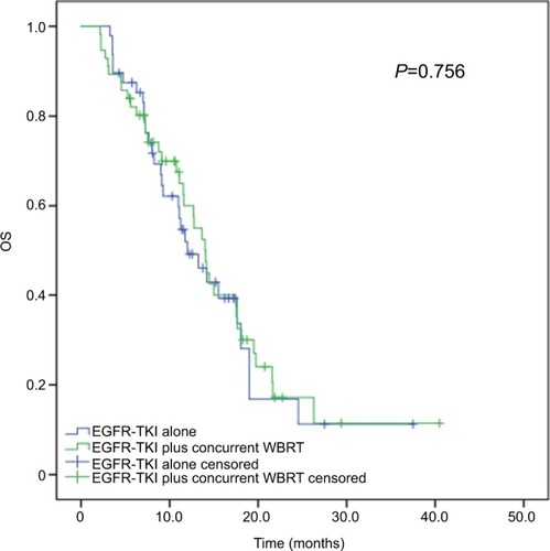 Figure 3 Kaplan–Meier curves for OS in advanced EGFR-mutant NSCLC patients receiving various treatment regimens.Note: The median OS did not significantly differ in patients receiving concurrent EGFR-TKIs and WBRT (median OS, 28.1 months; 95% CI, 23.975–32.225 months) and EGFR-TKIs alone (median OS, 24.0 months; 95% CI, 17.428–30.572 months), with the P-value being 0.756.Abbreviations: NSCLC, non-small-cell lung cancer; OS, overall survival; TKI, tyrosine kinase inhibitor; WBRT, whole-brain radiotherapy.