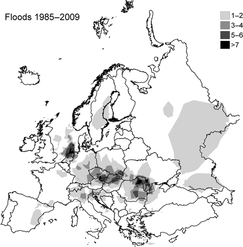 Fig. 1 Spatial distribution of the number of large floods in Europe, based on records of the Flood Observatory over the entire 25-year time interval, 1985–2009, for which records are available (cf. Pińskwar et al. Citation2012). The threshold for classification of large floods is severity equal to or larger than 1.5.