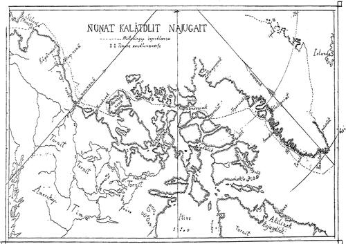 Figure 10. Nunat Kalâtdlit Najugait, originally from Atuagagdliutit no. 1, 1861. This is the first known map of the Inuit territories of North America. Retrieved from Inuit Tapiriit Kanatami, Nilliajut 2: Inuit Perspectives on the Northwest Passage Shipping and Marine Issues (ITK, 2017), 13.