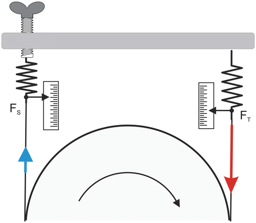 Figure 2. Braking mechanism of the first friction-loaded ergometers; braking force acting on the flywheel (FFW) is equal to the difference between tight (FT) and slack (FS) forces which were displayed by means of scale.